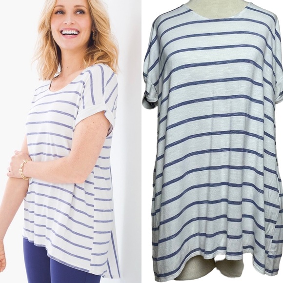 Chico's White/Blue Striped ¾ Sleeve Back Detail Knit Tunic 100% Cotton 1 US 4/6 - Picture 1 of 16